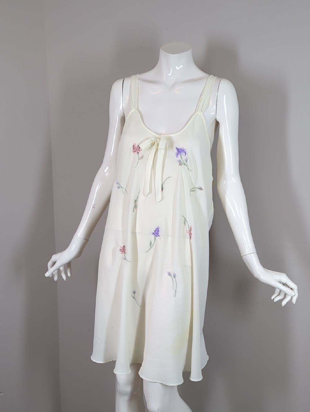 Vintage Sheer Floral Embroidered Women's Cream Floral Slip Dress Large